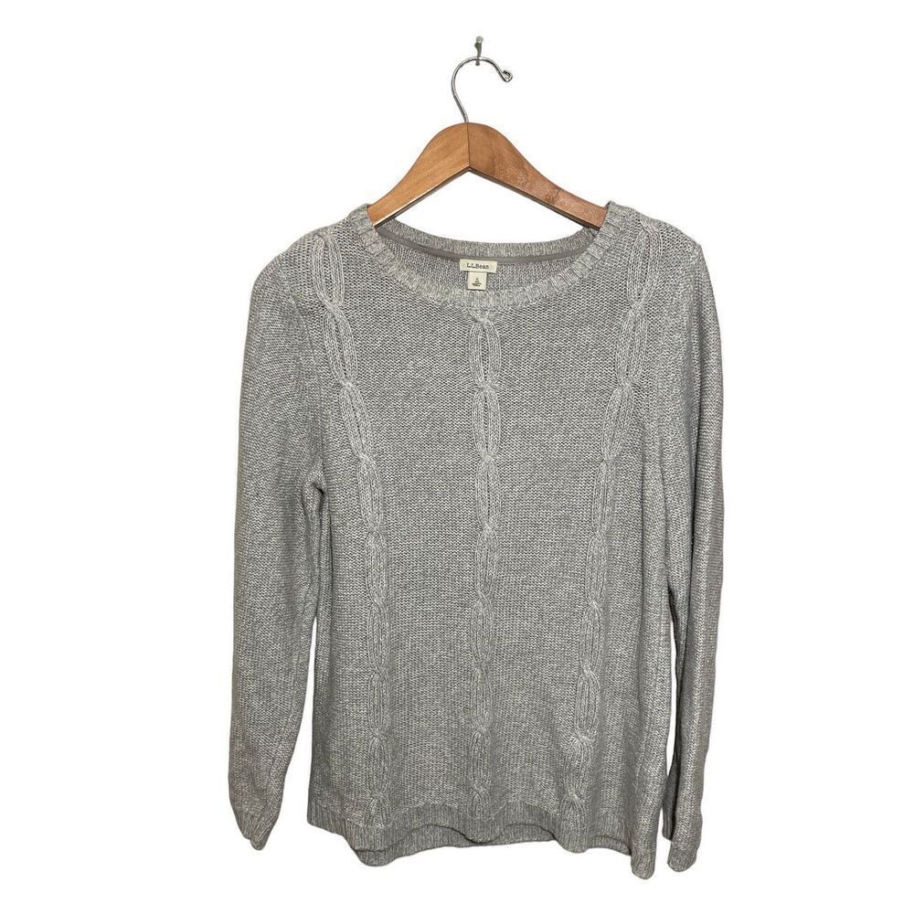 LL Bean Cable Knit Sweater Womens Small‎ Reg Cotton Stitch Button Shoulder Gray